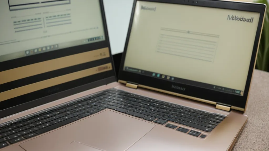 Close-up of a laptop screen with a blurred security dashboard on a marble desk.