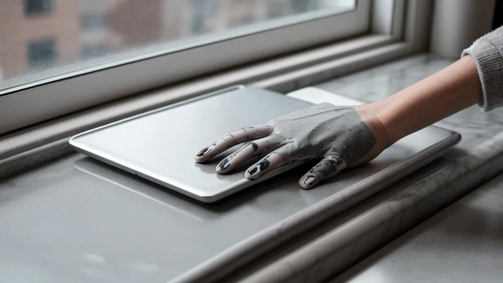 Close-up of adhesive residue on a finger next to an old laptop.