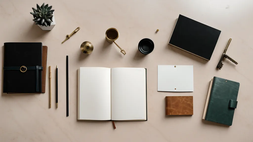 A close-up of a laptop on a marble desk, focusing on the side vent and notebook.