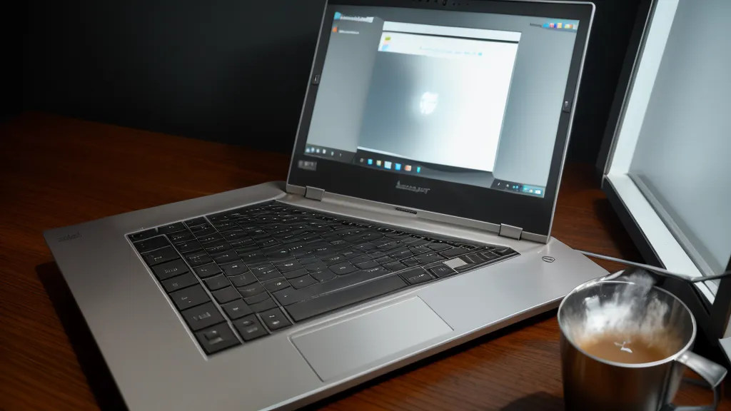 A silver laptop glowing in a dark room next to glasses and coffee.