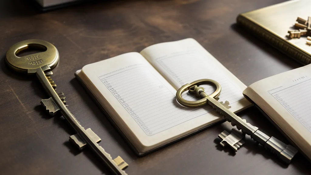 Close-up of a brass key on a security checklist notebook