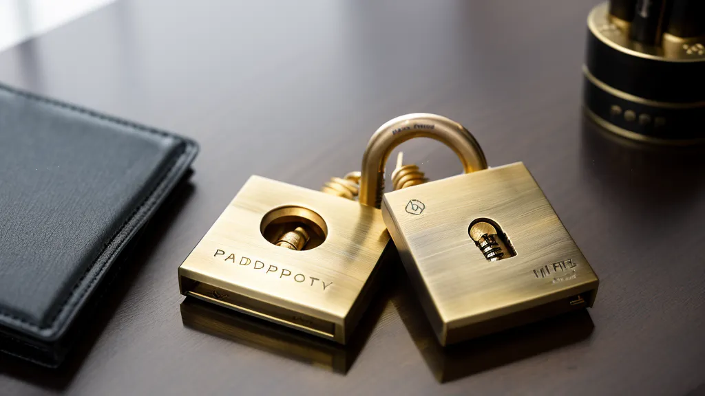 Brass padlock resting beside an unlit router on a desk