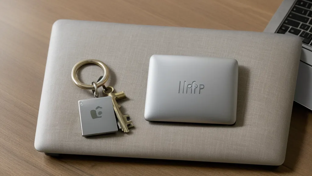 Close-up of a laptop screen showing various marketing software tabs and a brass key.