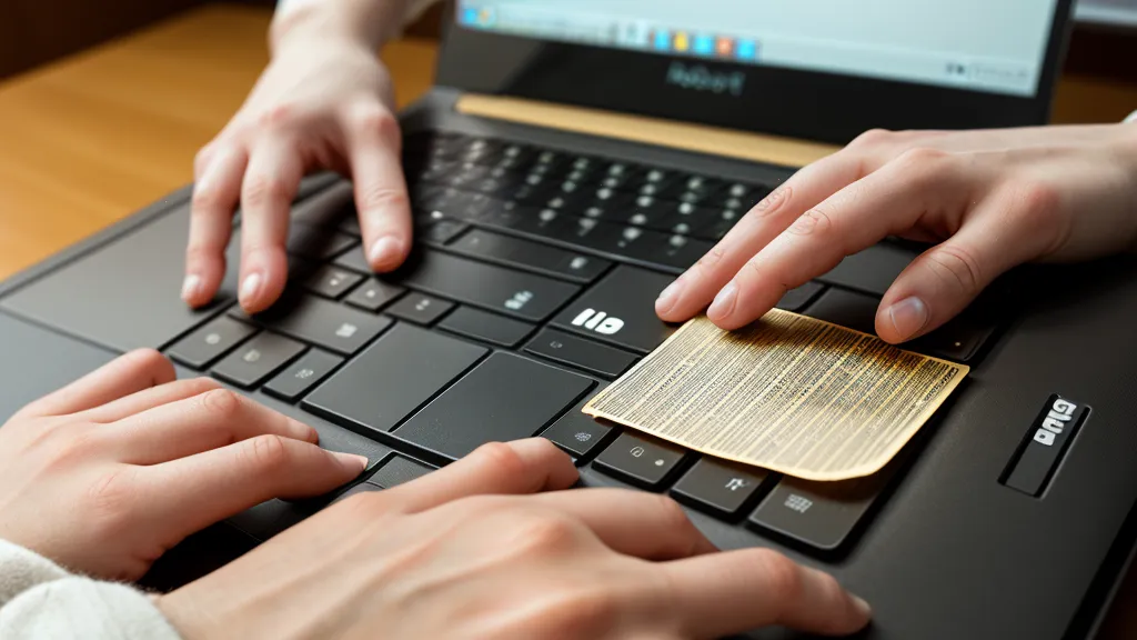 Close-up of hands typing with a crossed-out password on a sticky note nearby.
