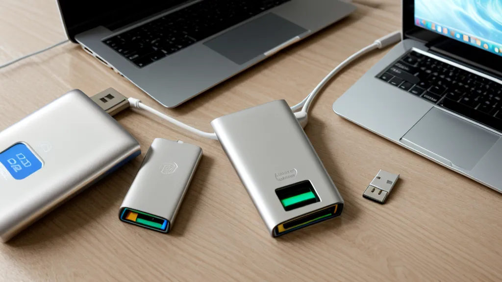 A USB recovery drive next to a clean laptop and cleaning supplies.