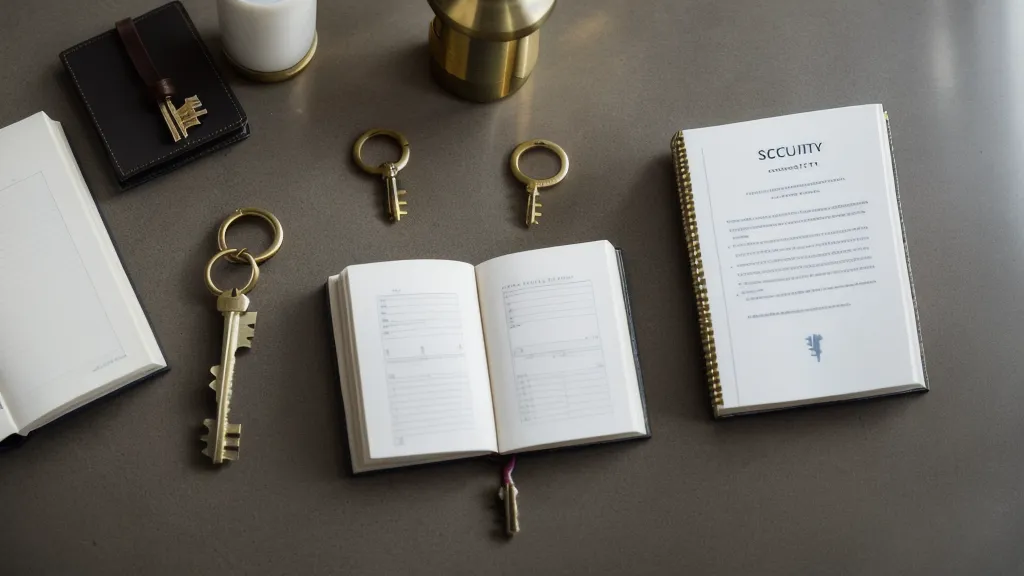 A hand holding a physical security key over a desk with marketing notes.